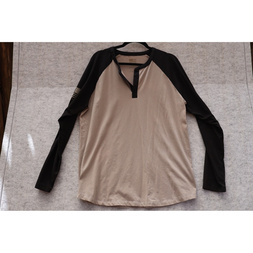 Nine Line Apparel Mens XL Henley Raglan Long Sleeve Tan Black American Flag Logo